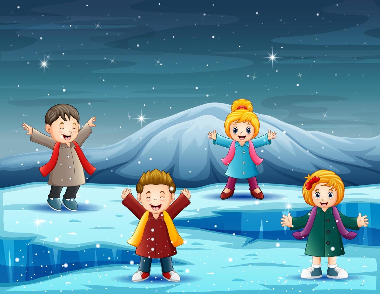 Happy children in winter clothes on iceberg vector