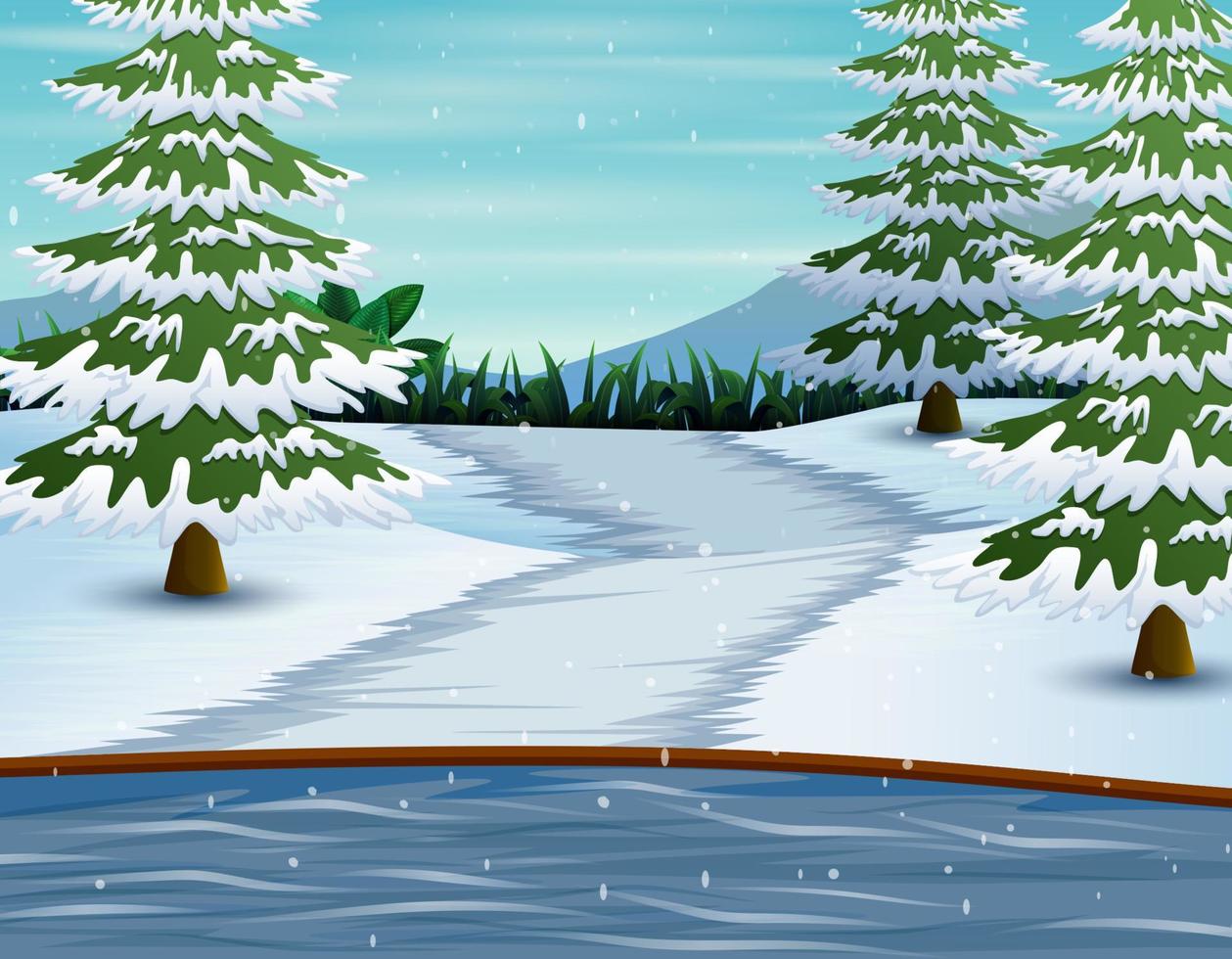 Winter landscape with frozen lake and fir trees vector