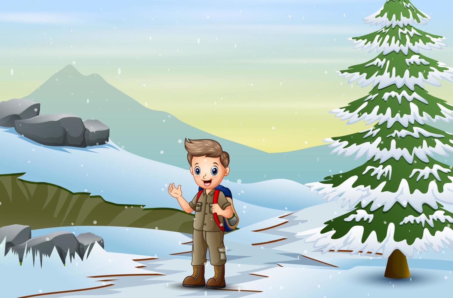 Scout boy with backpack walking on snow vector