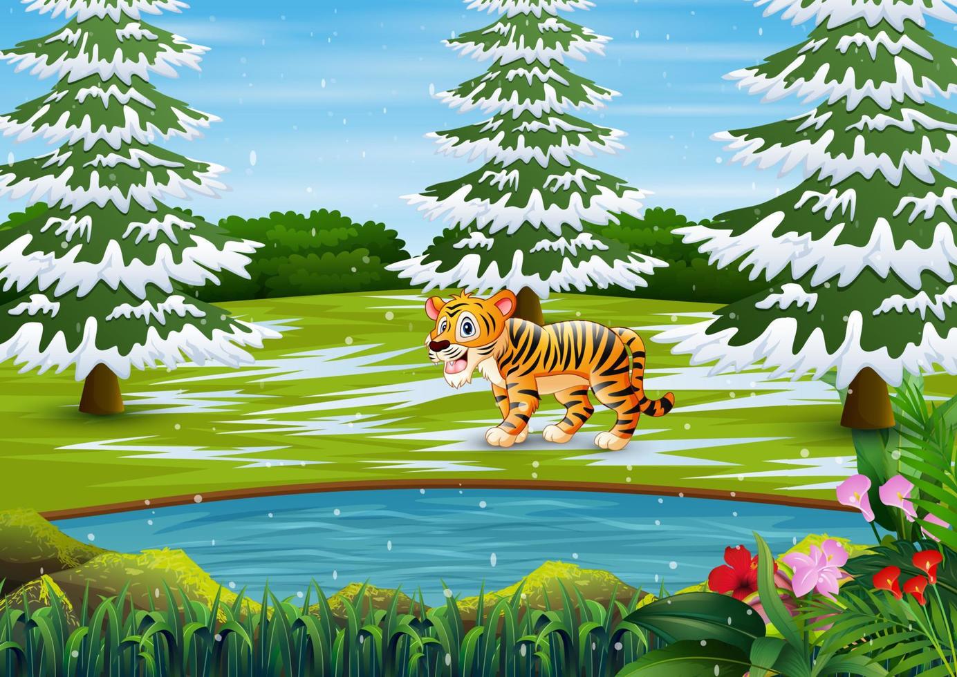 tigre de dibujos animados en el paisaje del bosque de invierno vector
