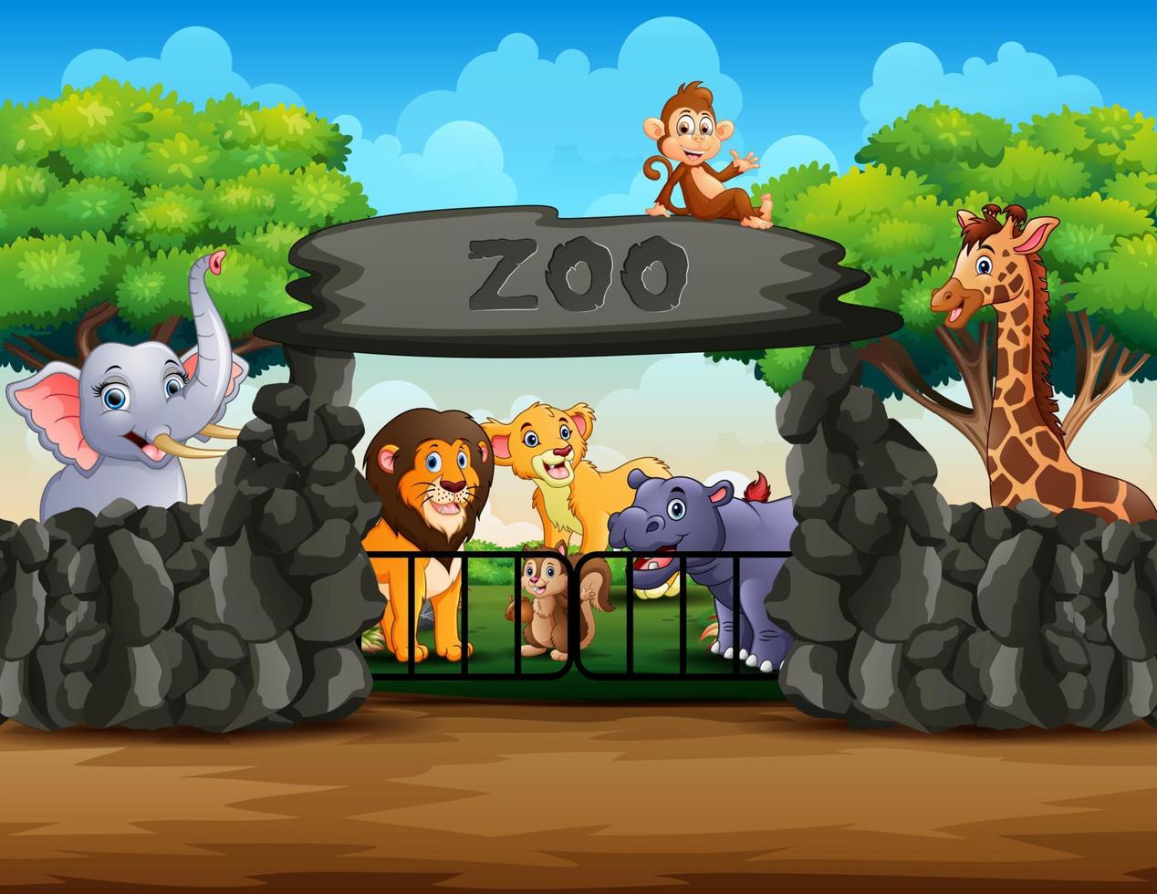 Zoo entrance outdoor view with different cartoon animals vector