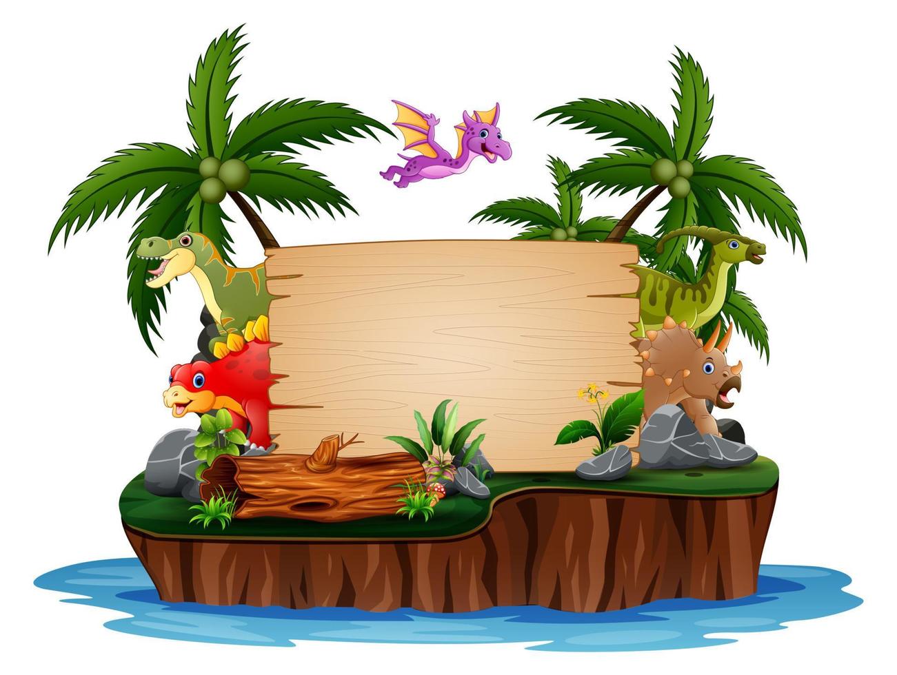 Dinosaurs with wooden sign on island vector