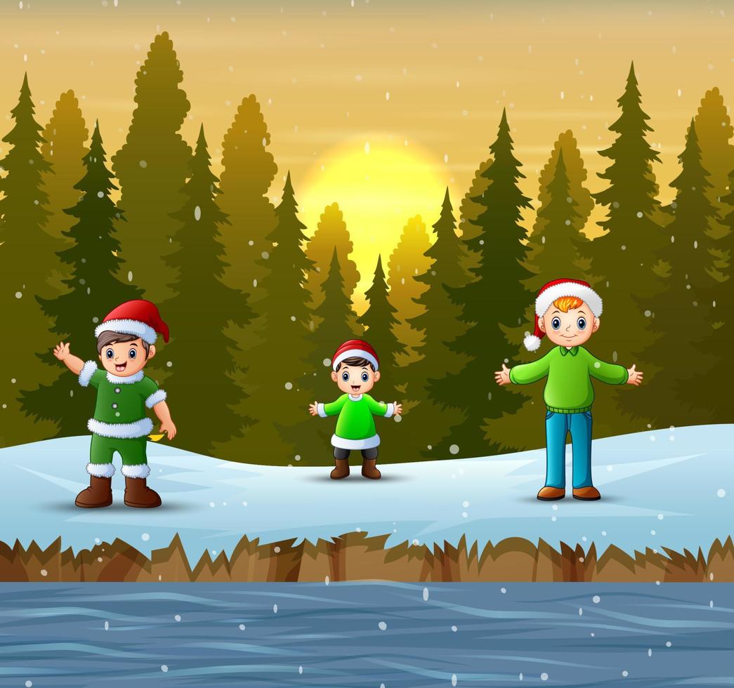 Happy children in santa hat enjoying a snowfall vector