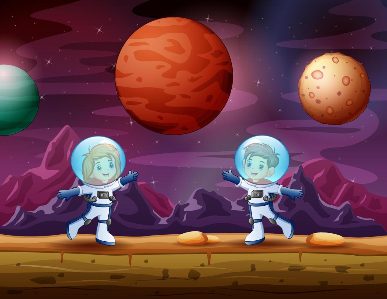 dibujos animados de dos niños astronautas explorando en el planeta vector