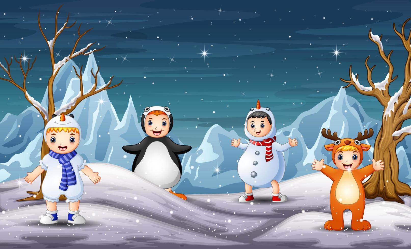 Cute children in different costume on winter background vector
