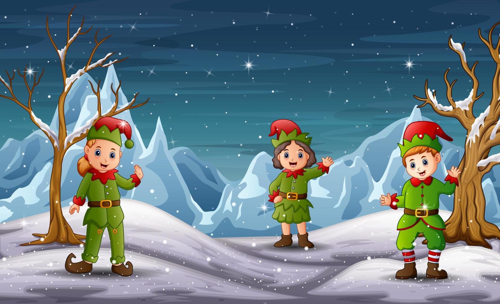 Children in elf costume on winter landscape vector