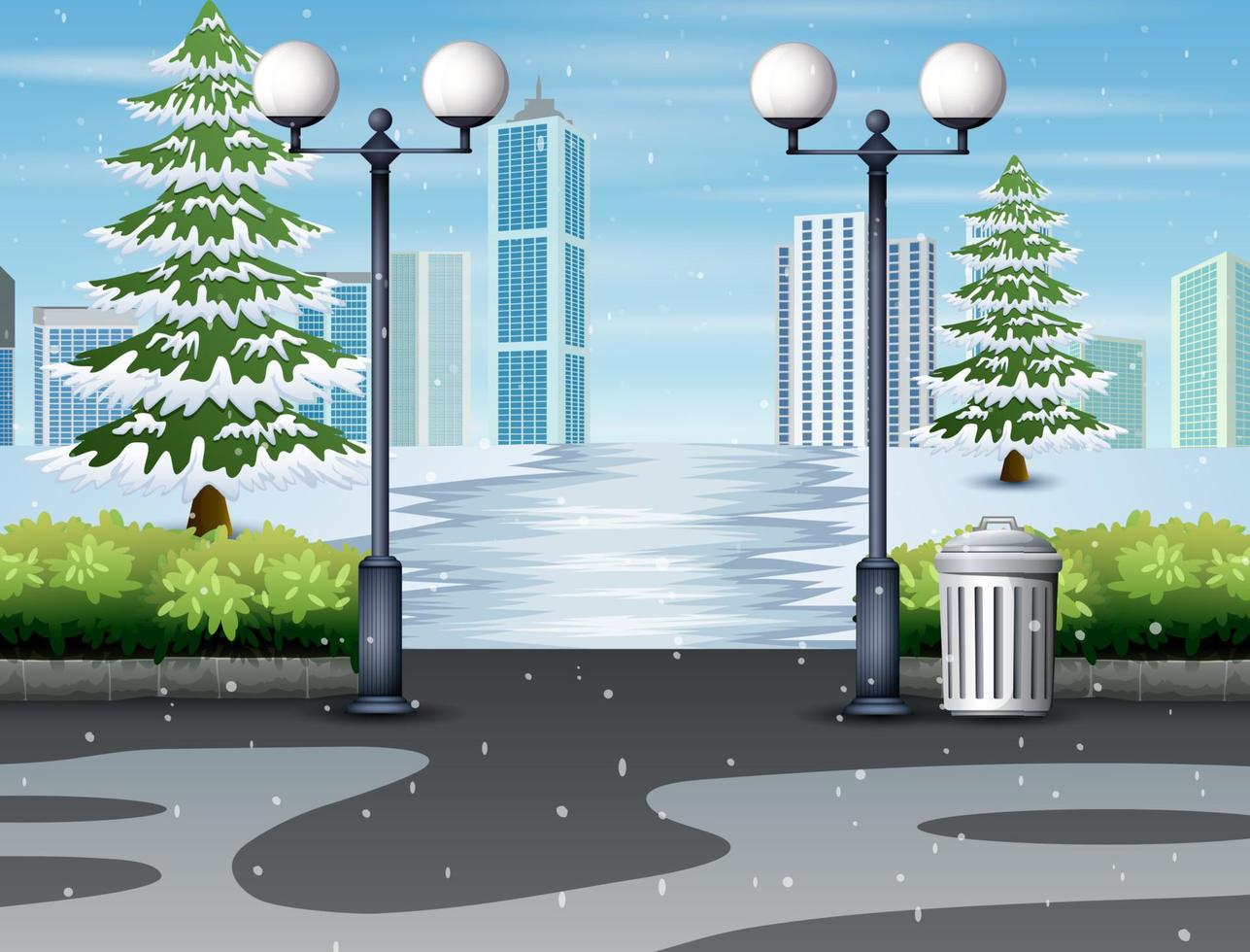 Winter city park with snow and modern city background vector