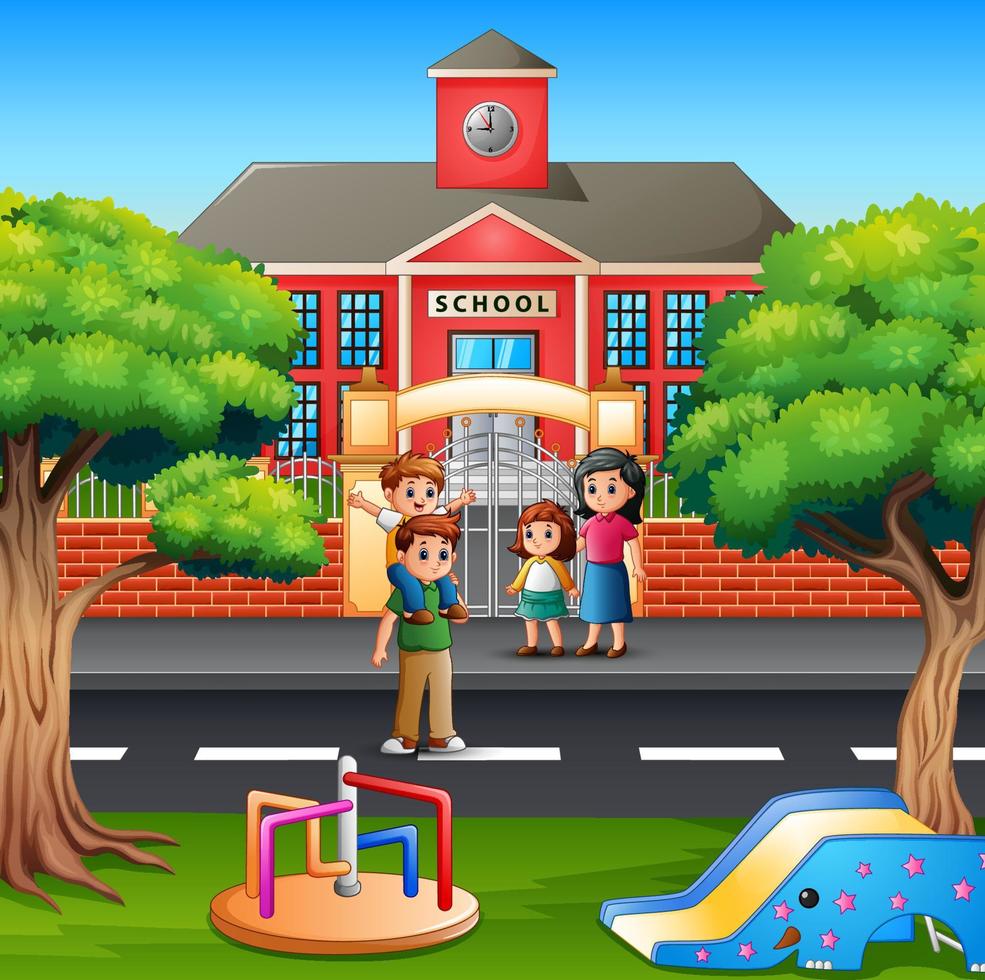 Happy family member in front of the school building vector