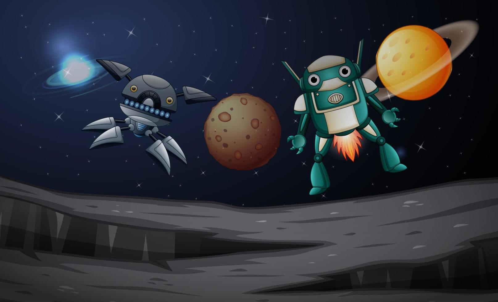 Space robots explore on planet illustration vector
