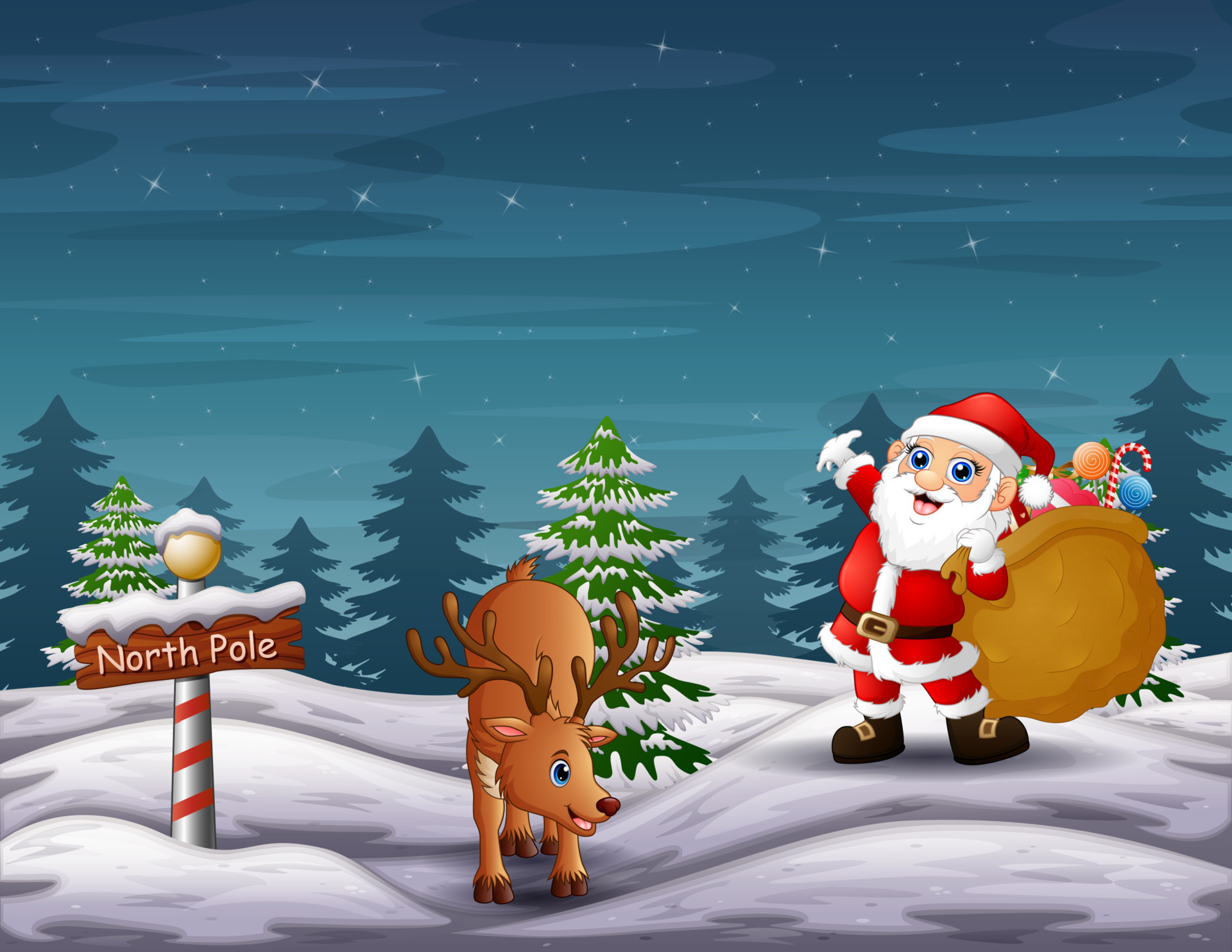 Cartoon santa claus and deer in north pole 5708654 Vector Art at Vecteezy Cartoon santa claus and deer in north pole 5708654 Vector Art at Vecteezy