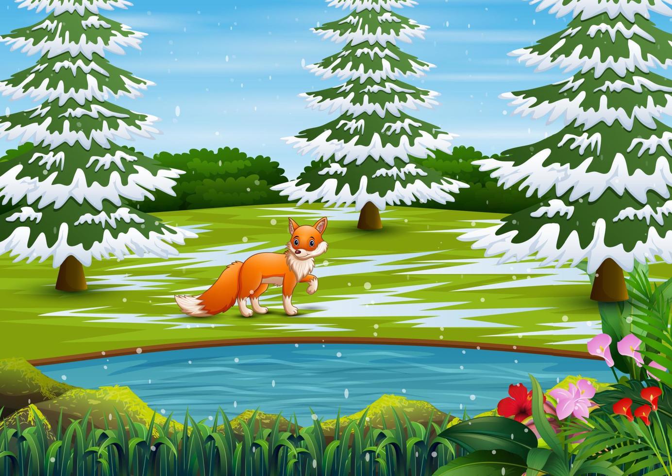 Fox in the winter forest hunting a prey vector