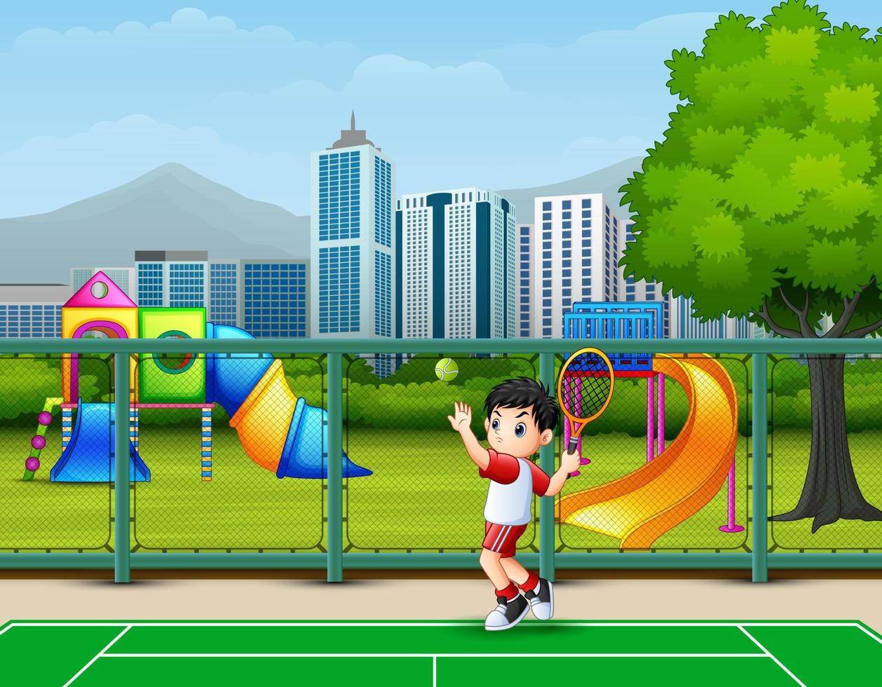 un niño jugando al tenis en la cancha vector
