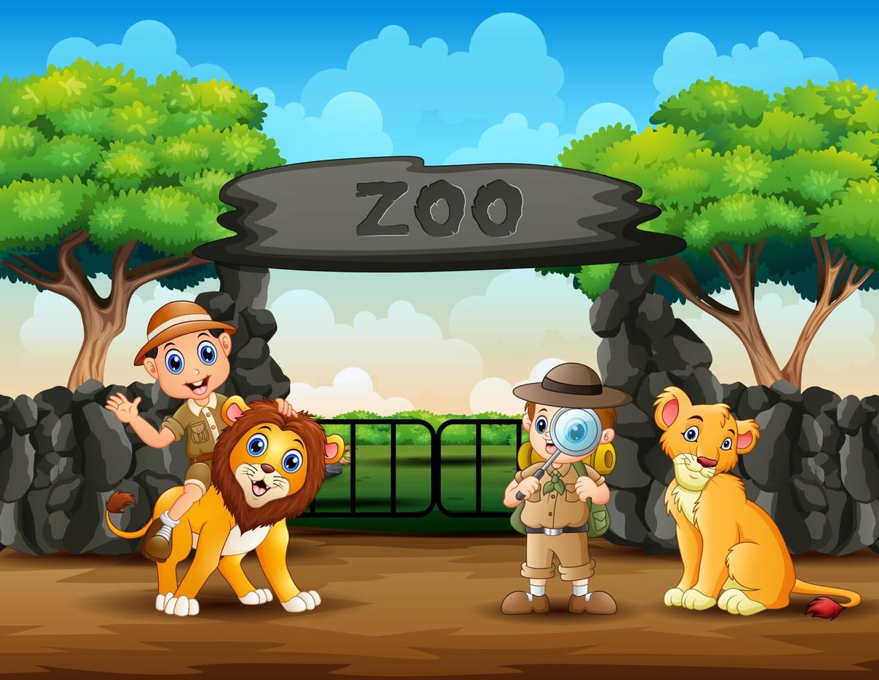 The zookeeper boys and wild animals in the zoo vector