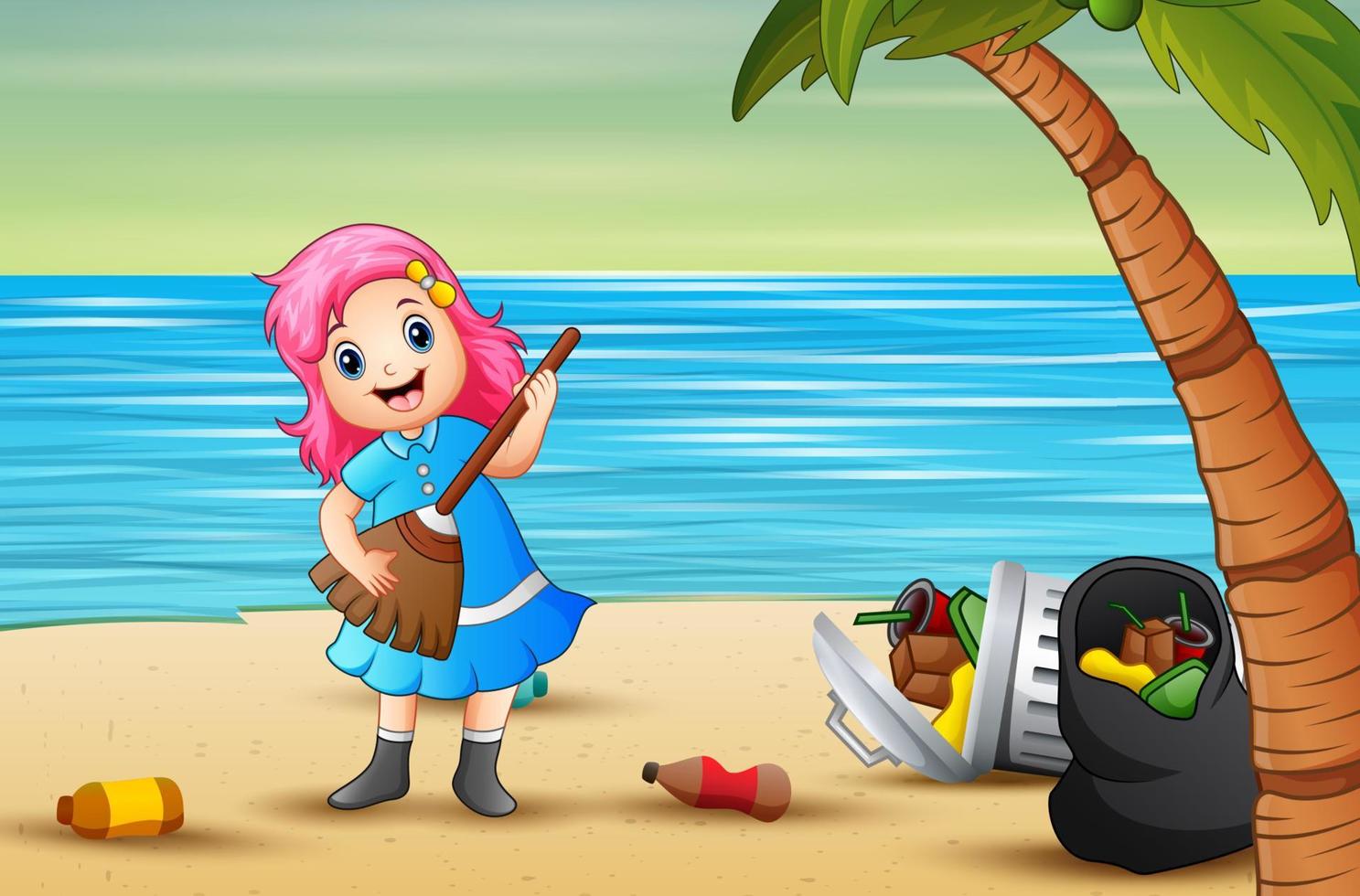 hermosa niña de dibujos animados limpiando la basura esparcida por la playa vector