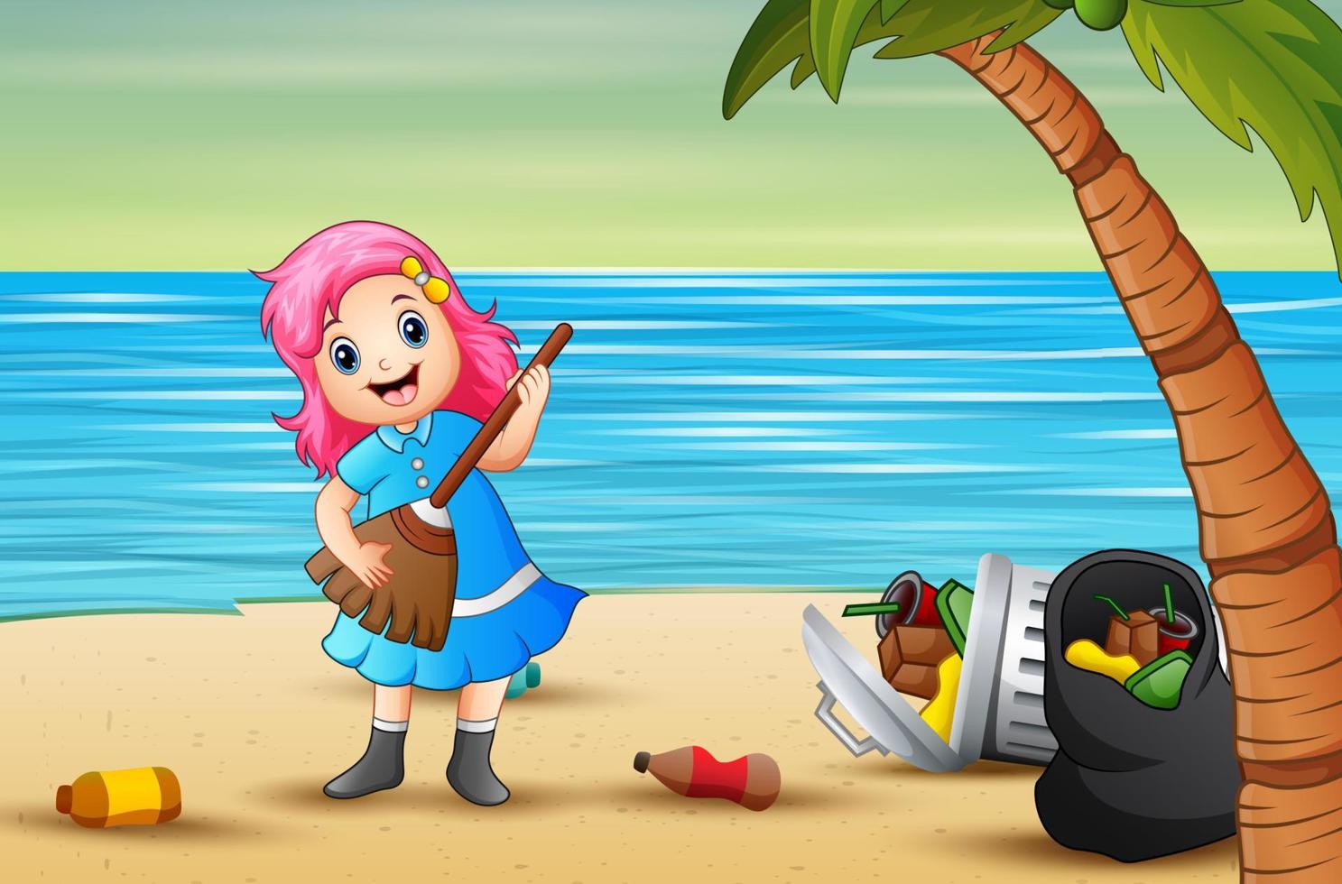 Cartoon beautiful girl cleaning up trash scattered around the beach vector