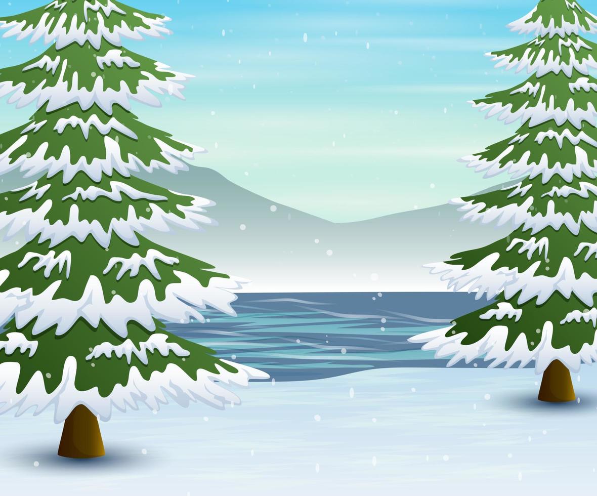 Winter landscape with frozen lake and fir trees vector