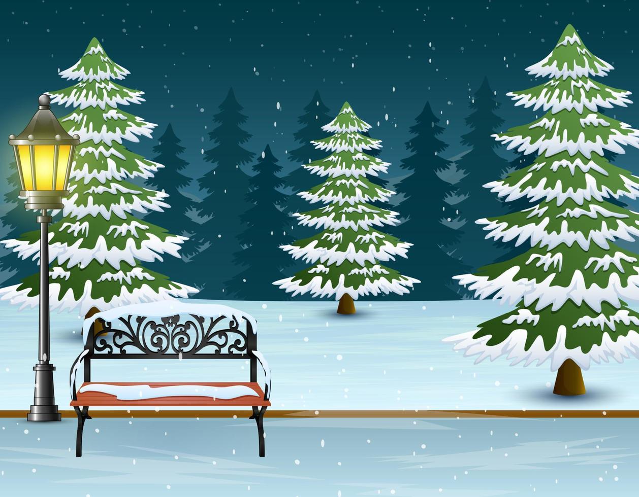 Snow covered bench with street lamp and fir trees background vector
