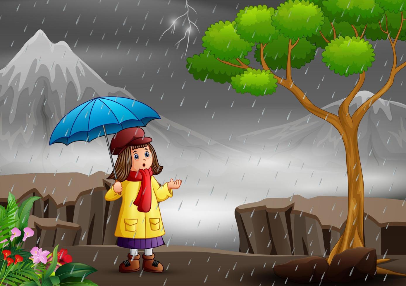 una niña con paraguas bajo la lluvia en el bosque vector