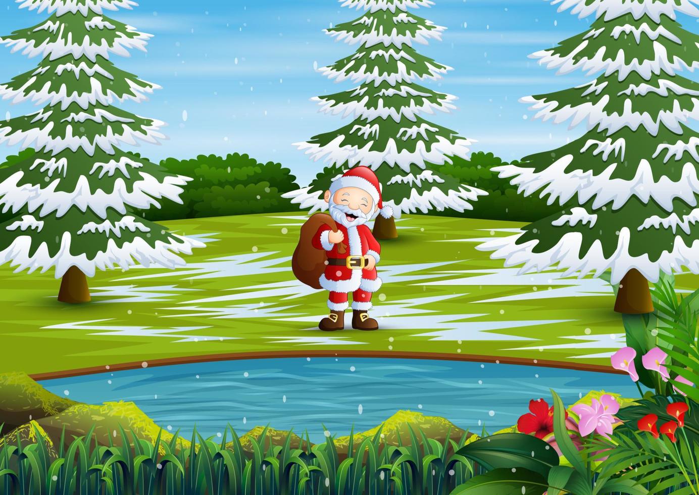 Santa claus standing with sack of presents in forest vector
