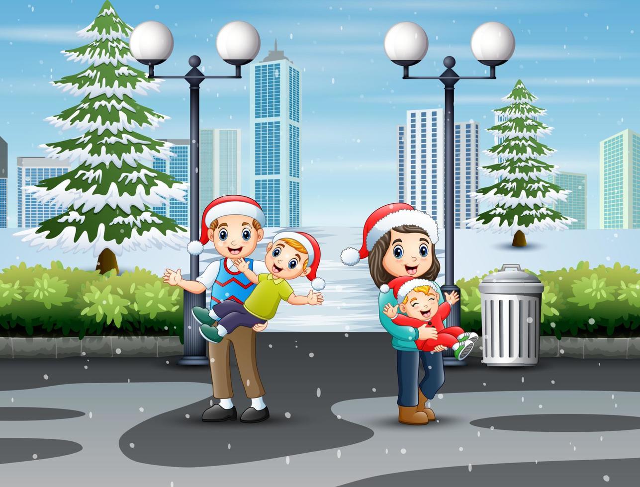 Happy family having fun at snowy playground vector