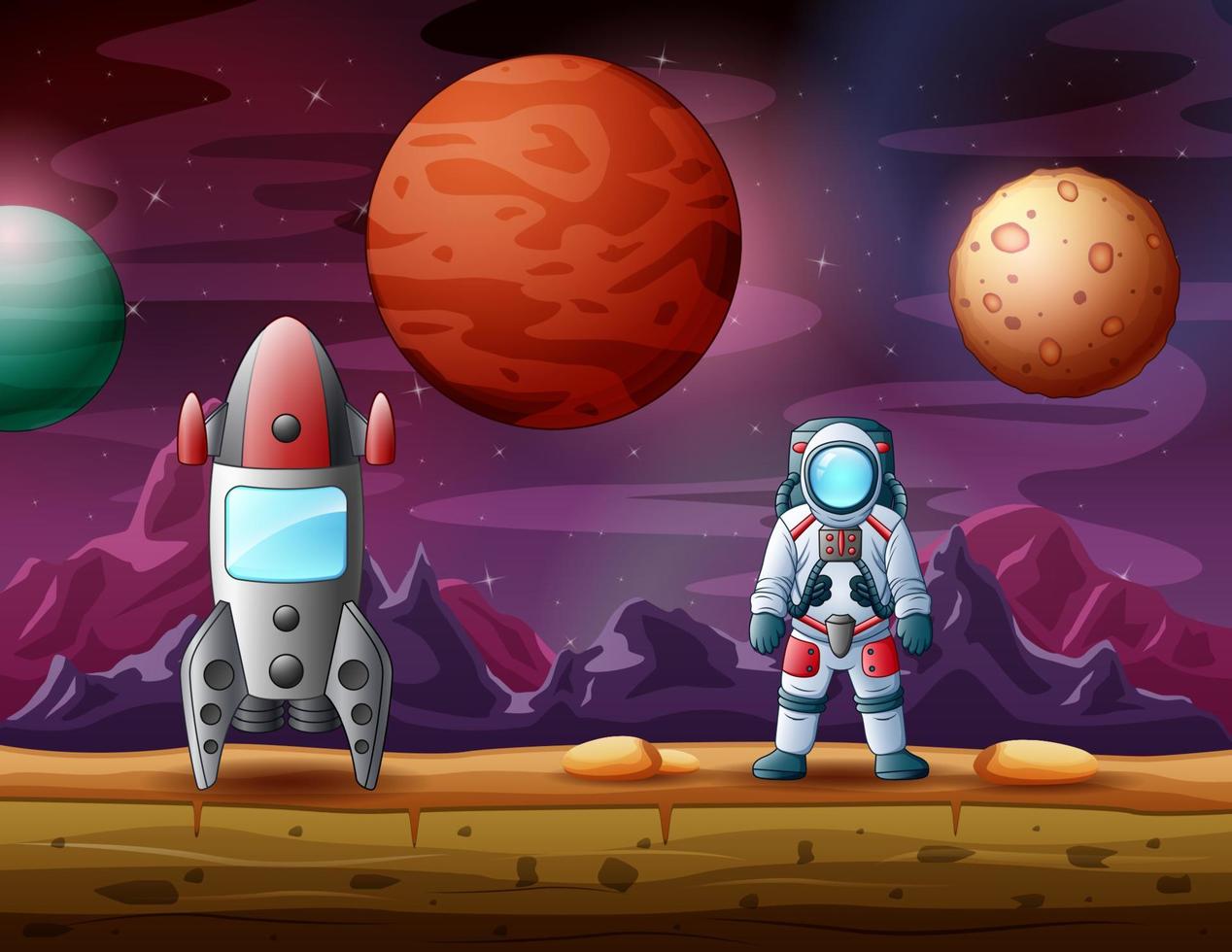 Astronaut and rocket landed on a moon with alien planets background vector