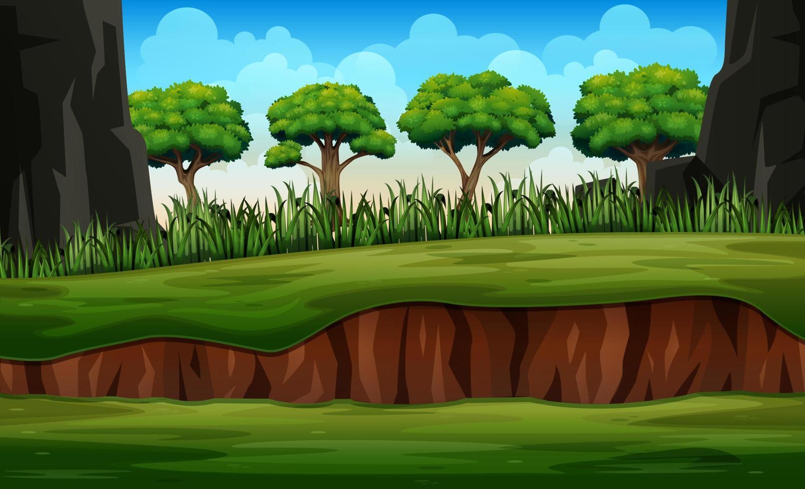 paisaje natural de dibujos animados con plantas y árboles vector