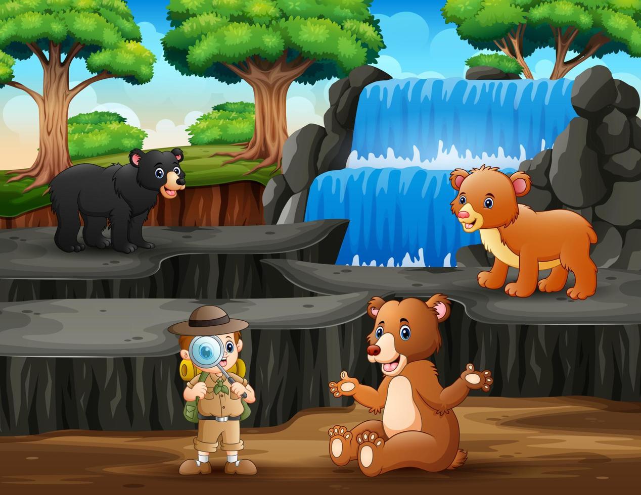 The explorer with bears in nature vector