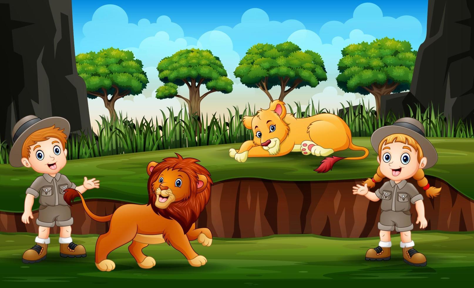 Zookeeper with lions on nature vector