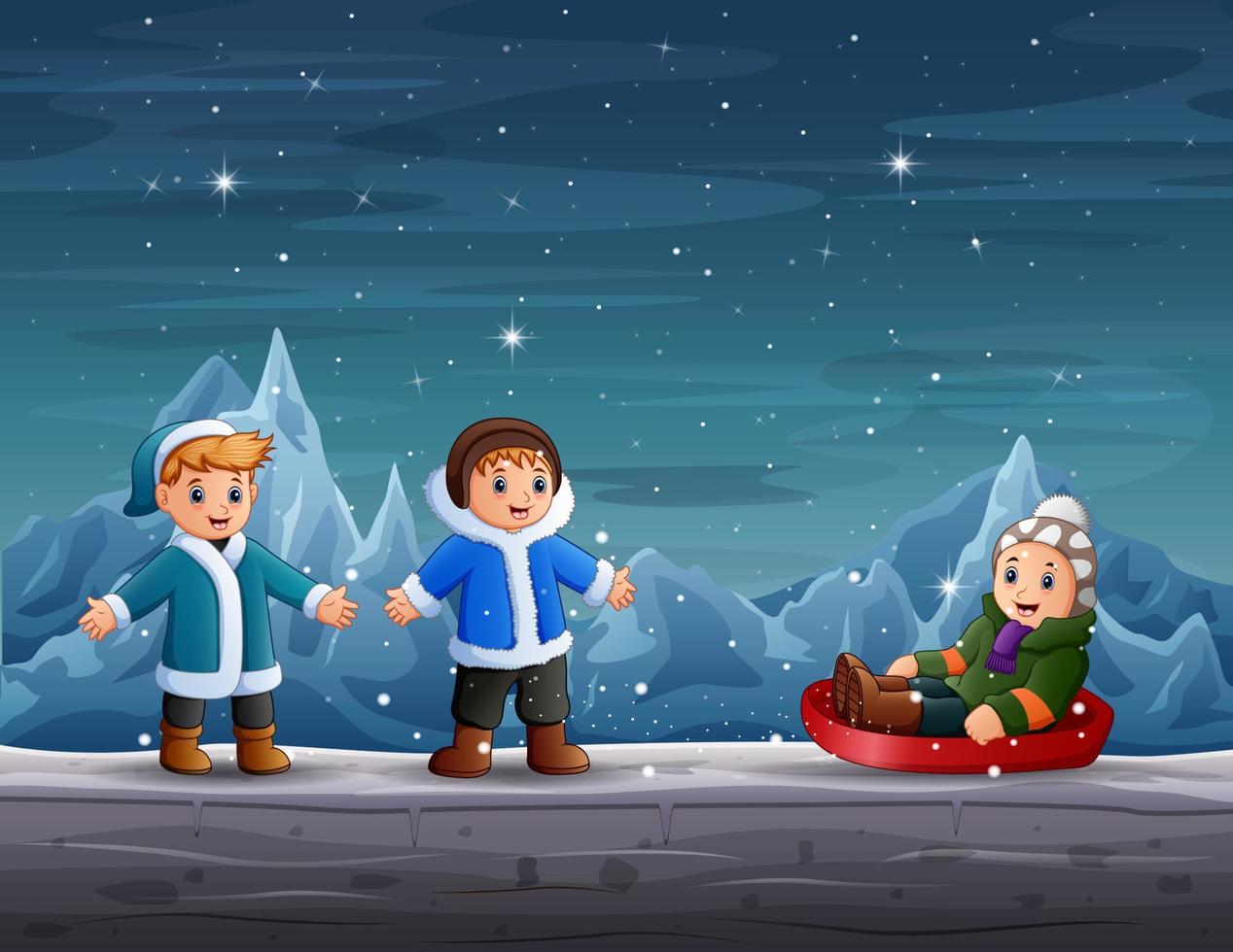 niños felices jugando en escena de invierno vector