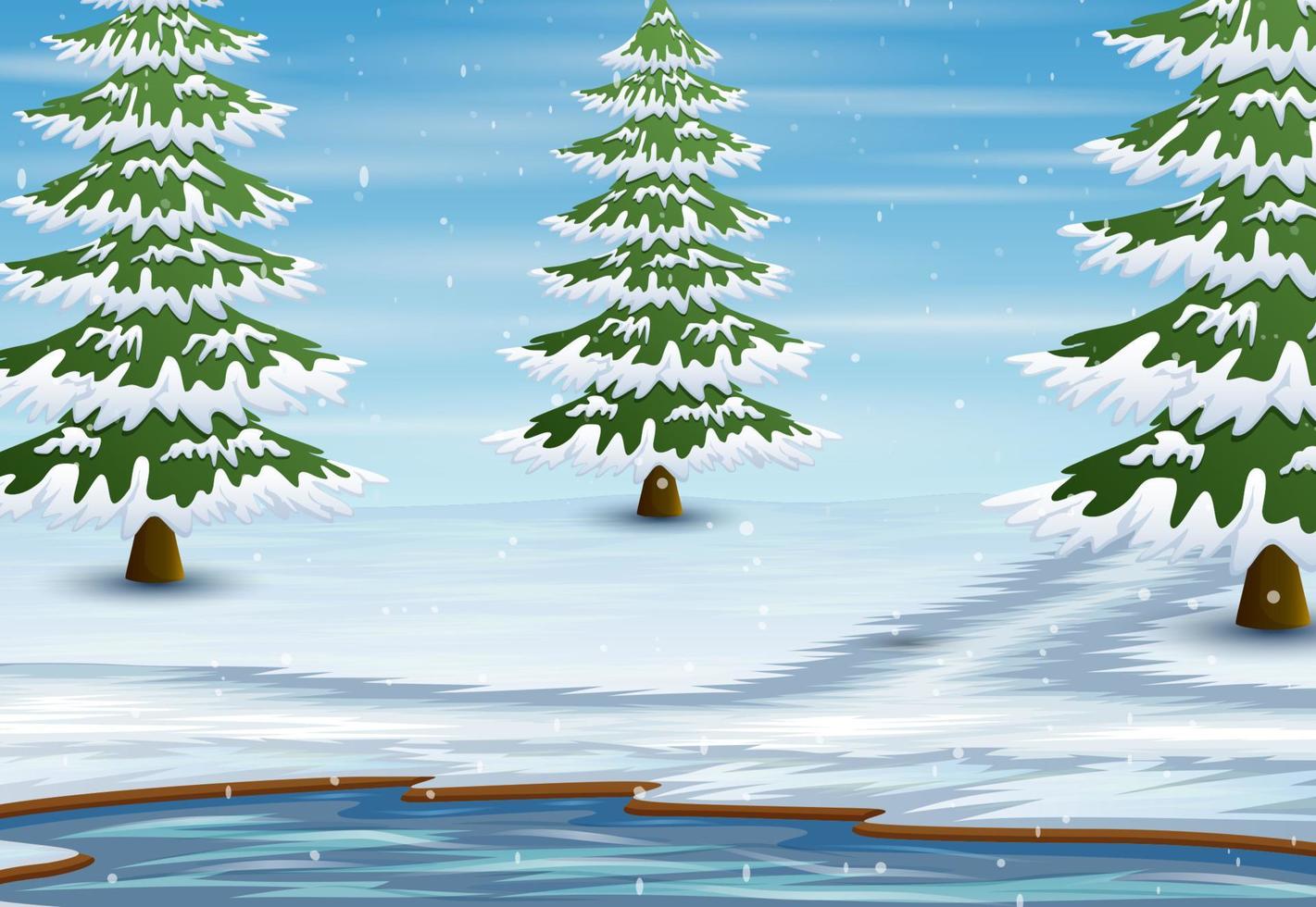 Winter landscape with frozen lake and fir trees vector