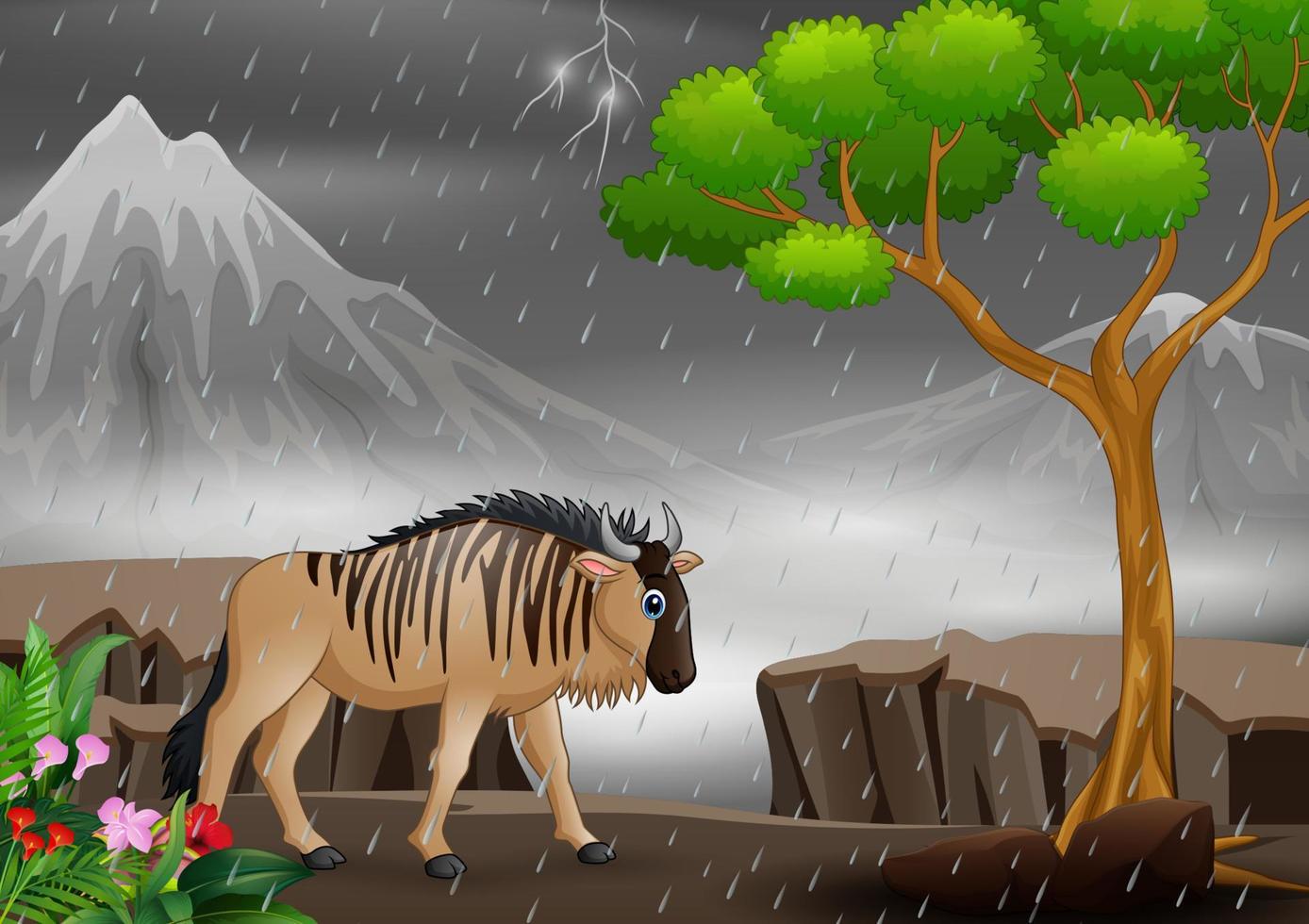 Cartoon wildebeest walking under the rain vector