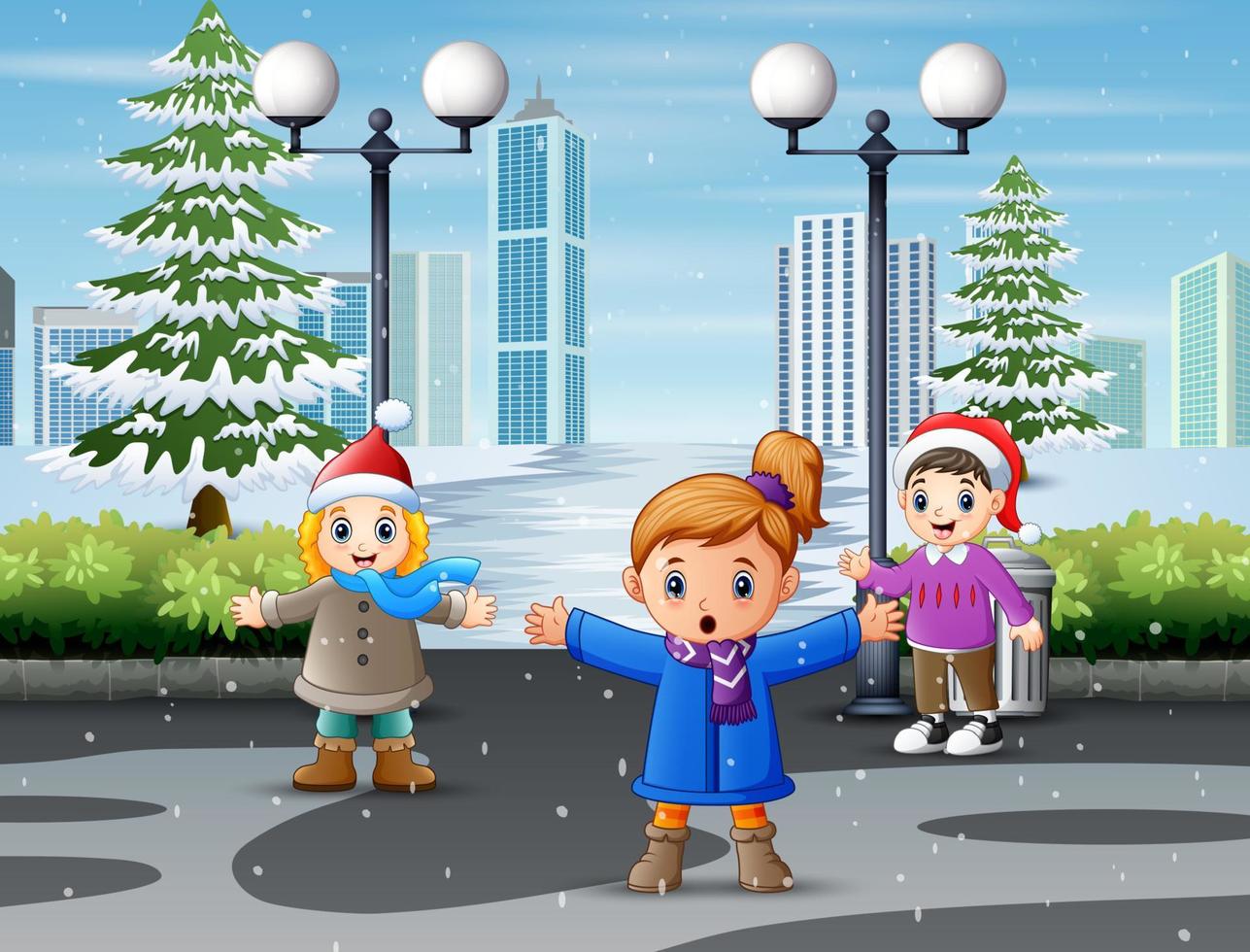 Children playing on a snow covered park vector