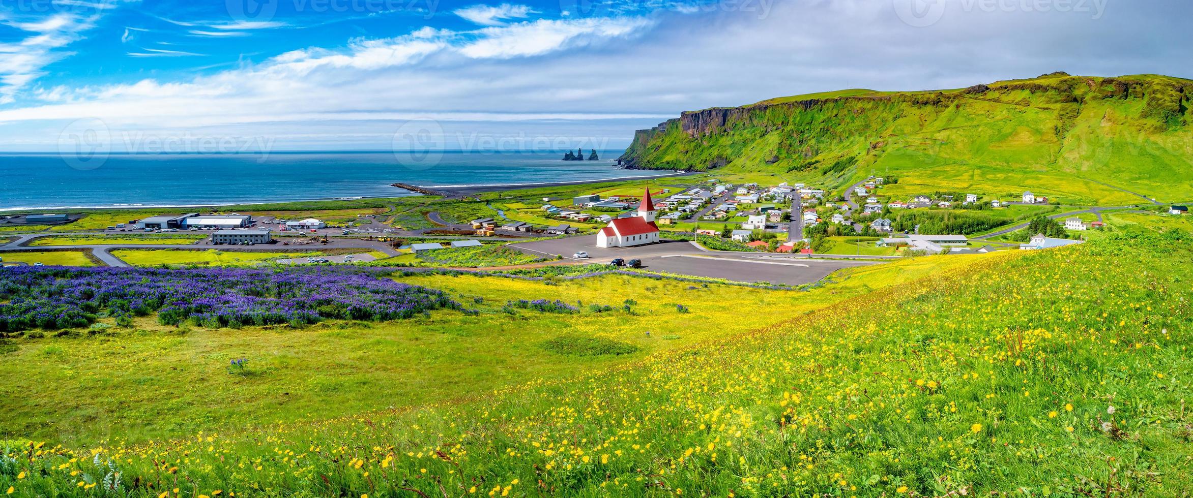 Panoramic view of basalt stacks Reynisdrangar, volcanic black sand beach and violet lupine and yellow meadow flowers at Vik town, and a Lutheran church, South Iceland, at summer sunny day blue sky. photo