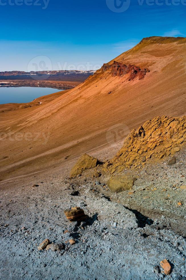 View over Icelandic landscape of colorful volcanic caldera Askja, in the middle of volcanic desert in Highlands, with red, turquoise volcano soil and blue sky, Iceland photo