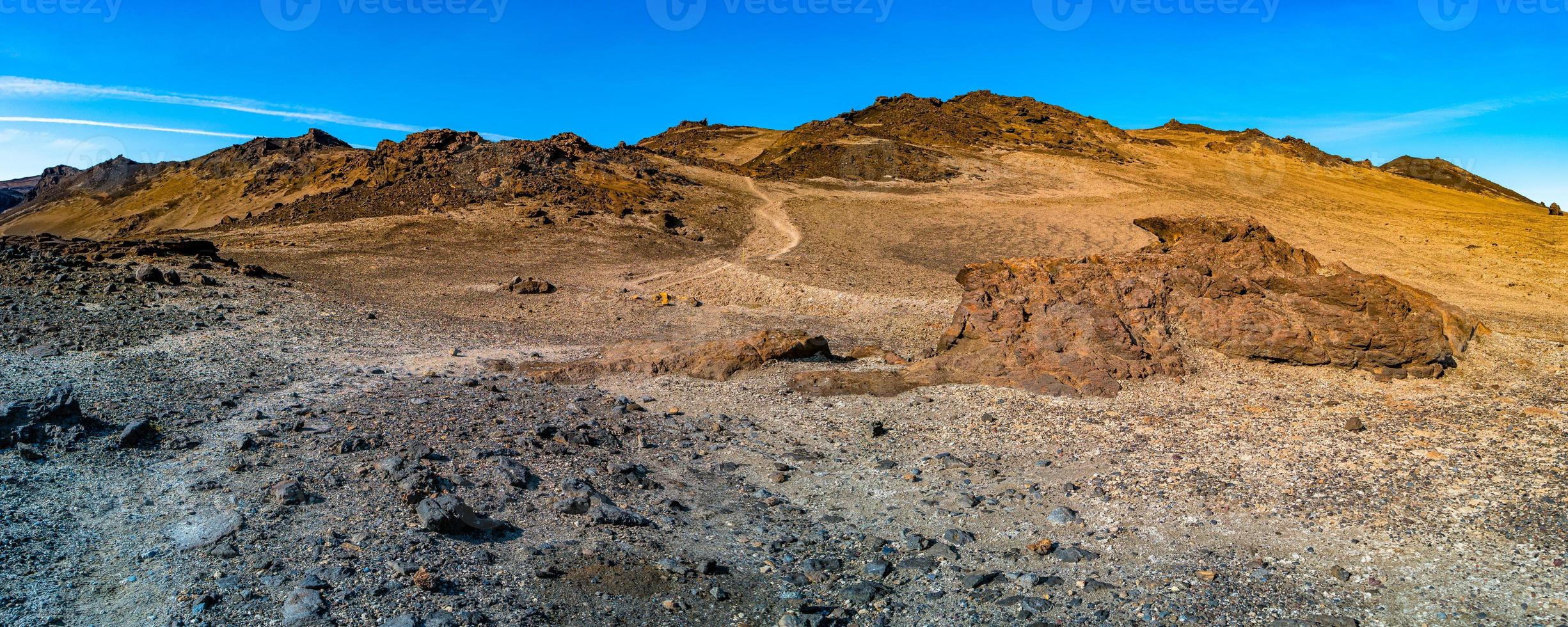 Panoramic view over Icelandic landscape of colorful volcanic caldera Askja, in the middle of volcanic desert in Highlands, with red, turquoise volcano soil and blue sky, Iceland photo