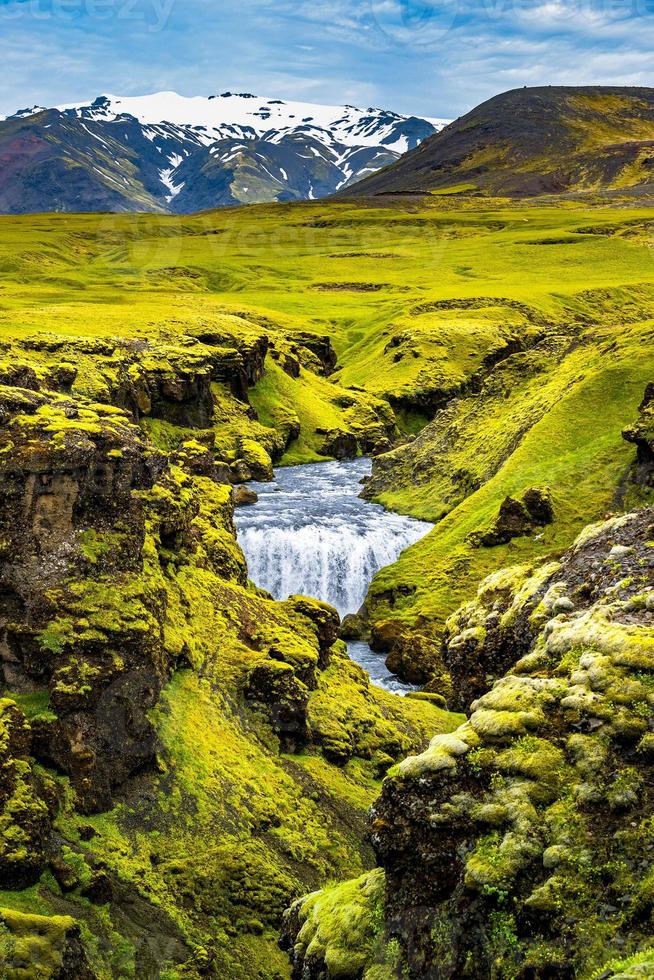 View of cascade of small waterfalls near huge Skogarfoss waterfall on South Iceland photo