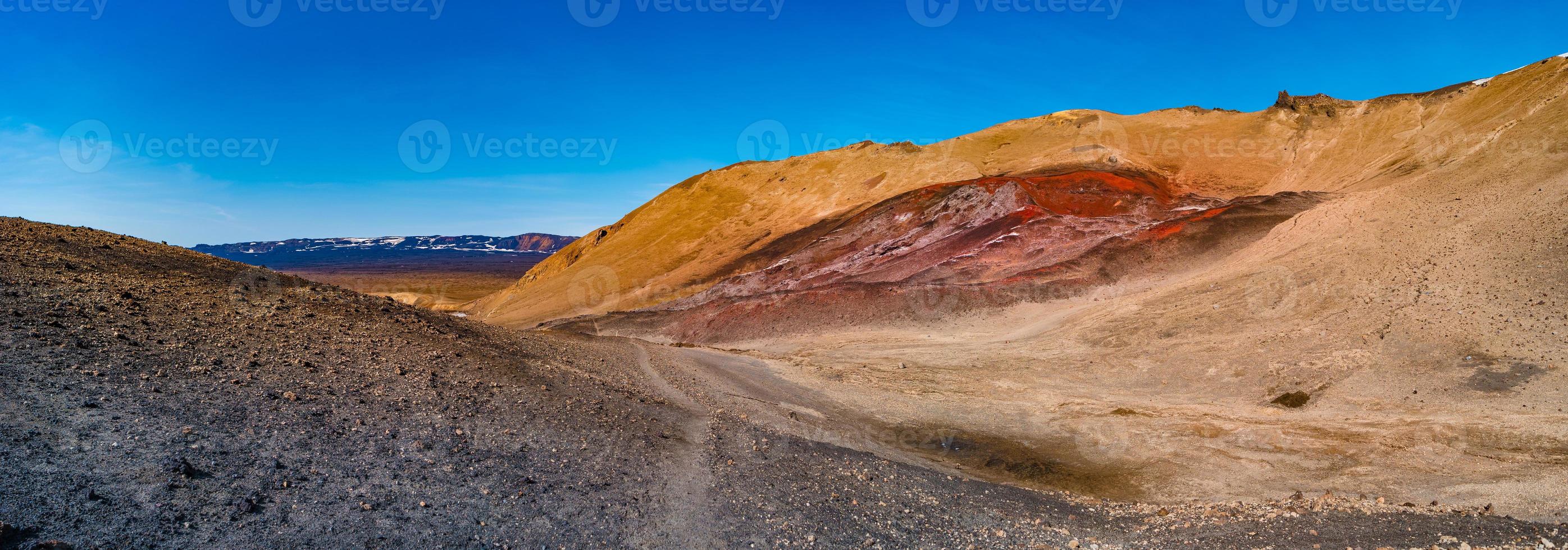 Panoramic view over Icelandic landscape of colorful volcanic caldera Askja, in the middle of volcanic desert in Highlands, with red, turquoise volcano soil and blue sky, Iceland photo