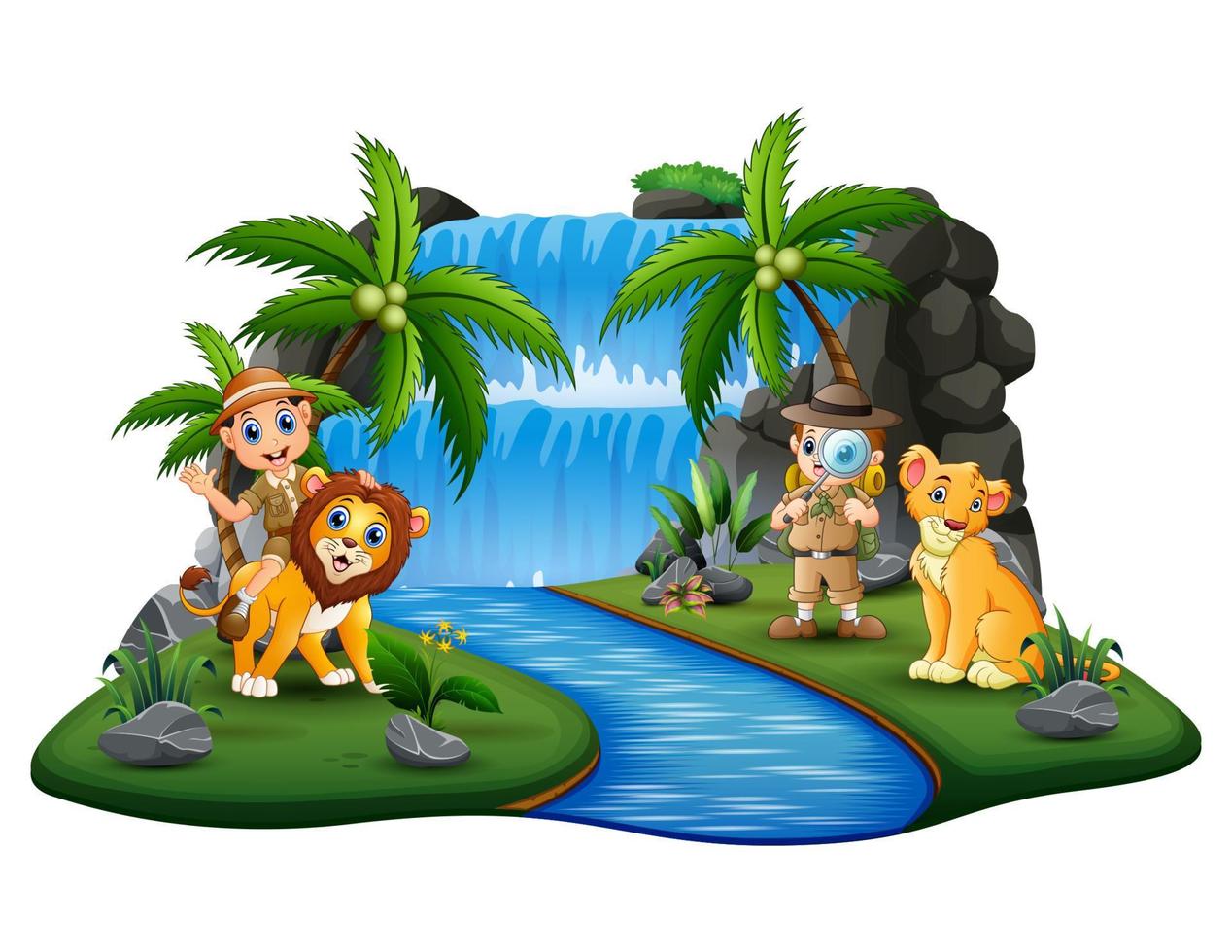 los cuidadores del zoológico con leones en la isla de la naturaleza vector