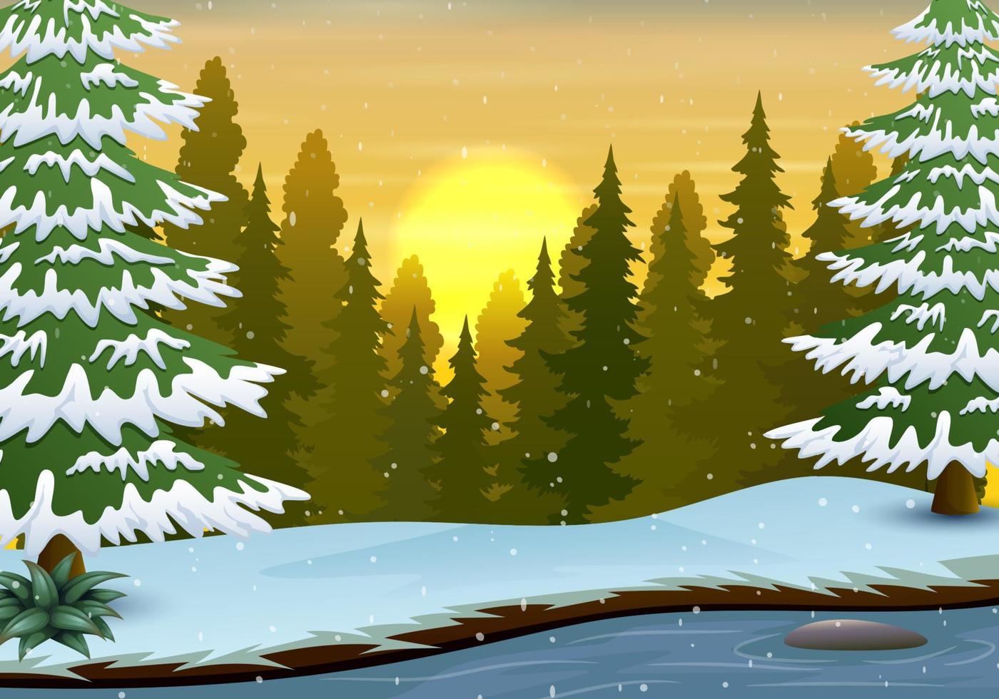 escena de invierno con fondo de río y bosque vector