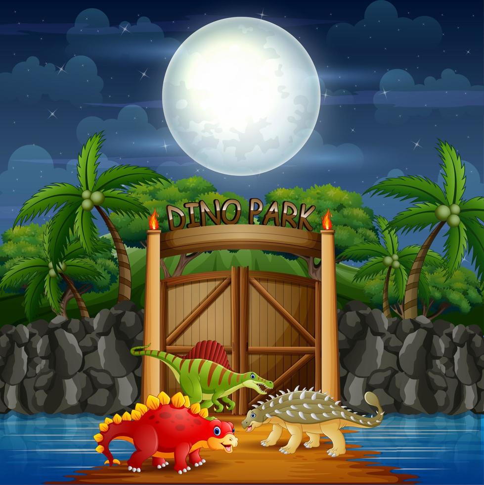 Cartoon dinosaurs on the dino park at night landscape vector