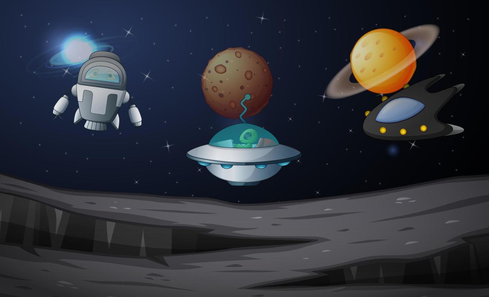 Space scene with robot and ufo vector