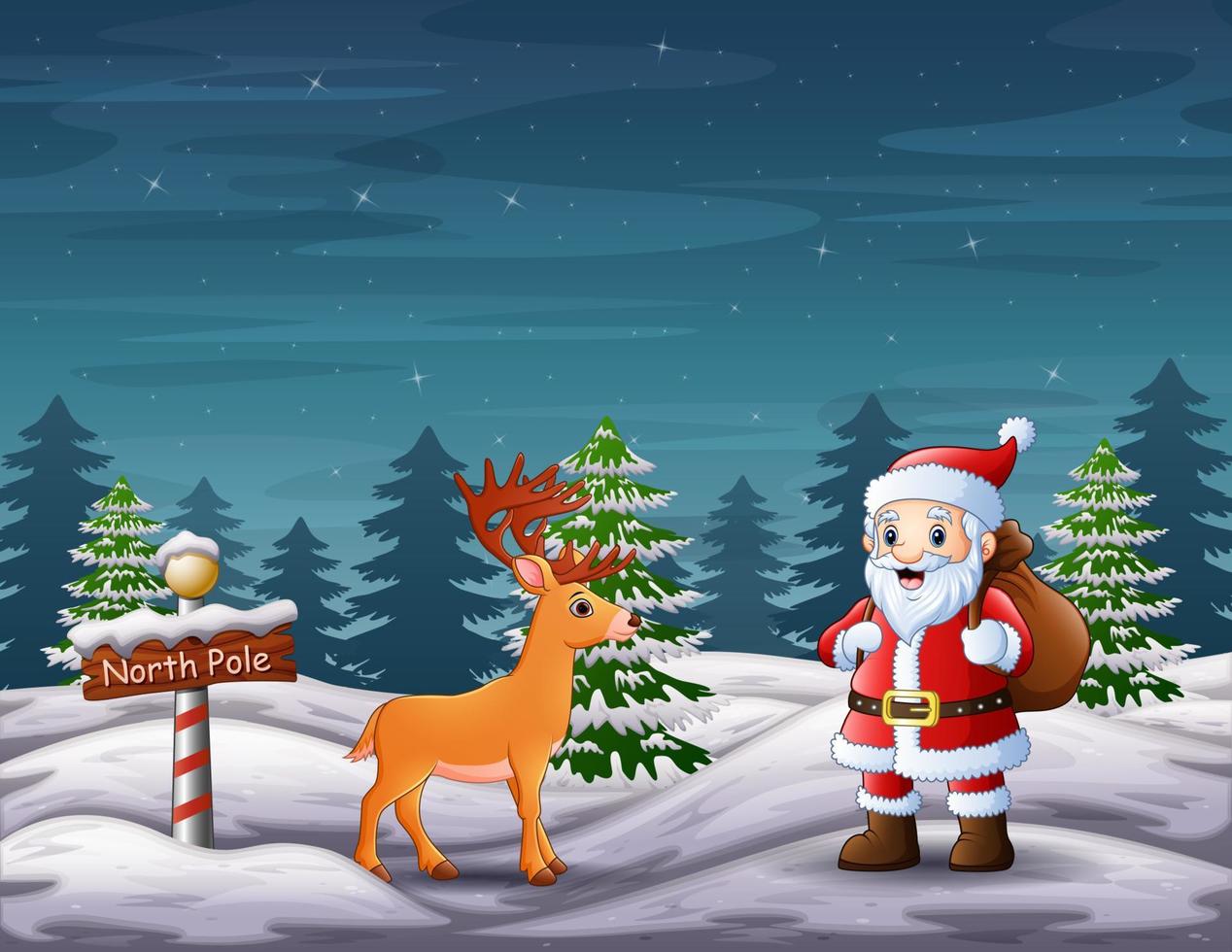 Cartoon santa claus and deer in north pole vector