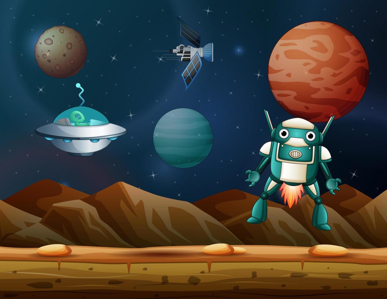 Space robots and ufo explore on planet illustration vector