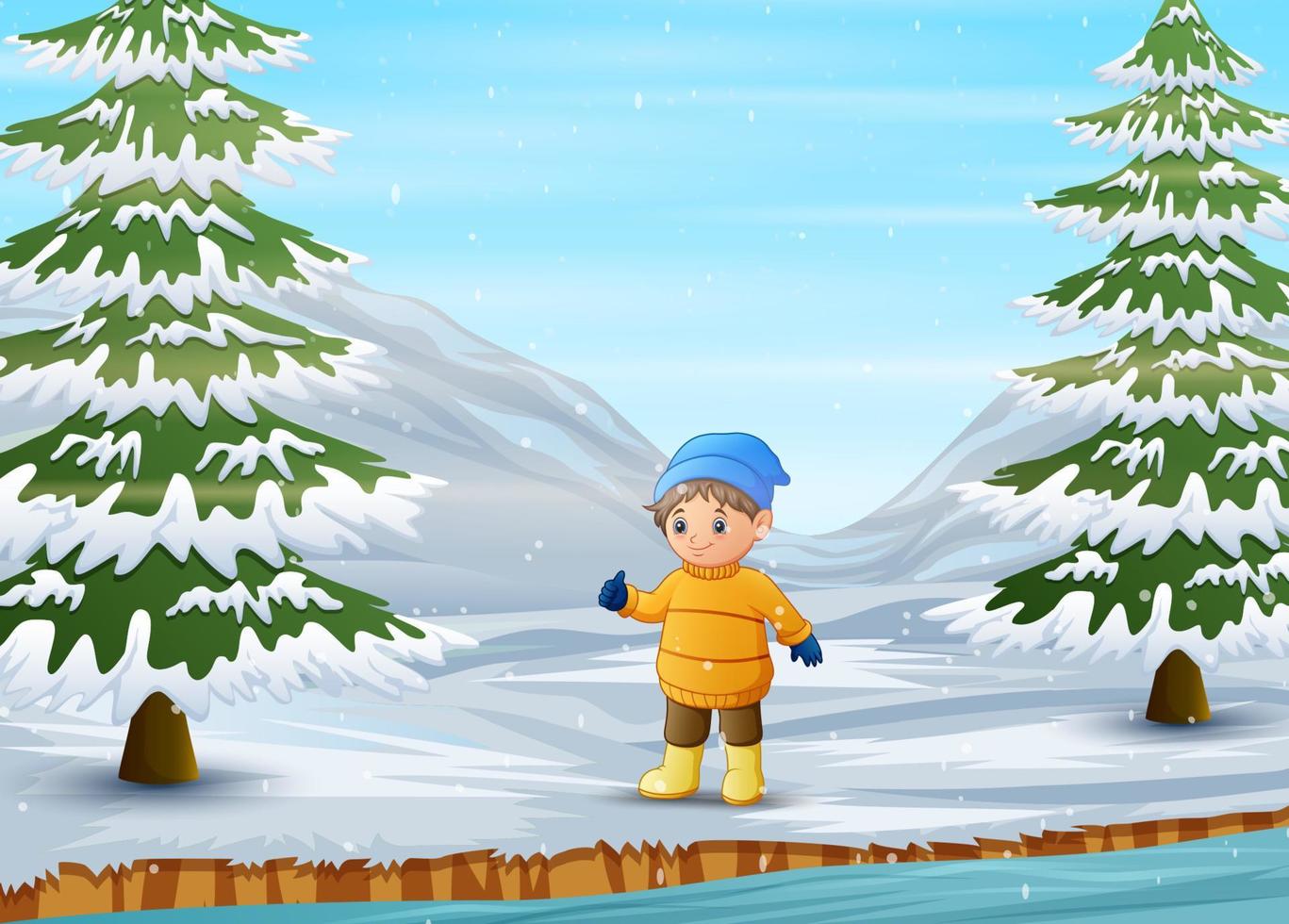 Boy wearing warm jacket and hat in wintertime vector