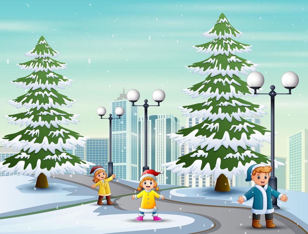 The children playing on the snowy road vector