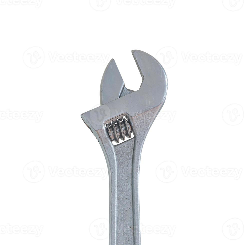 Big metal adjustable wrench isolated at white background. Concept of hardware, gears, and workshop work, details, closeup. photo