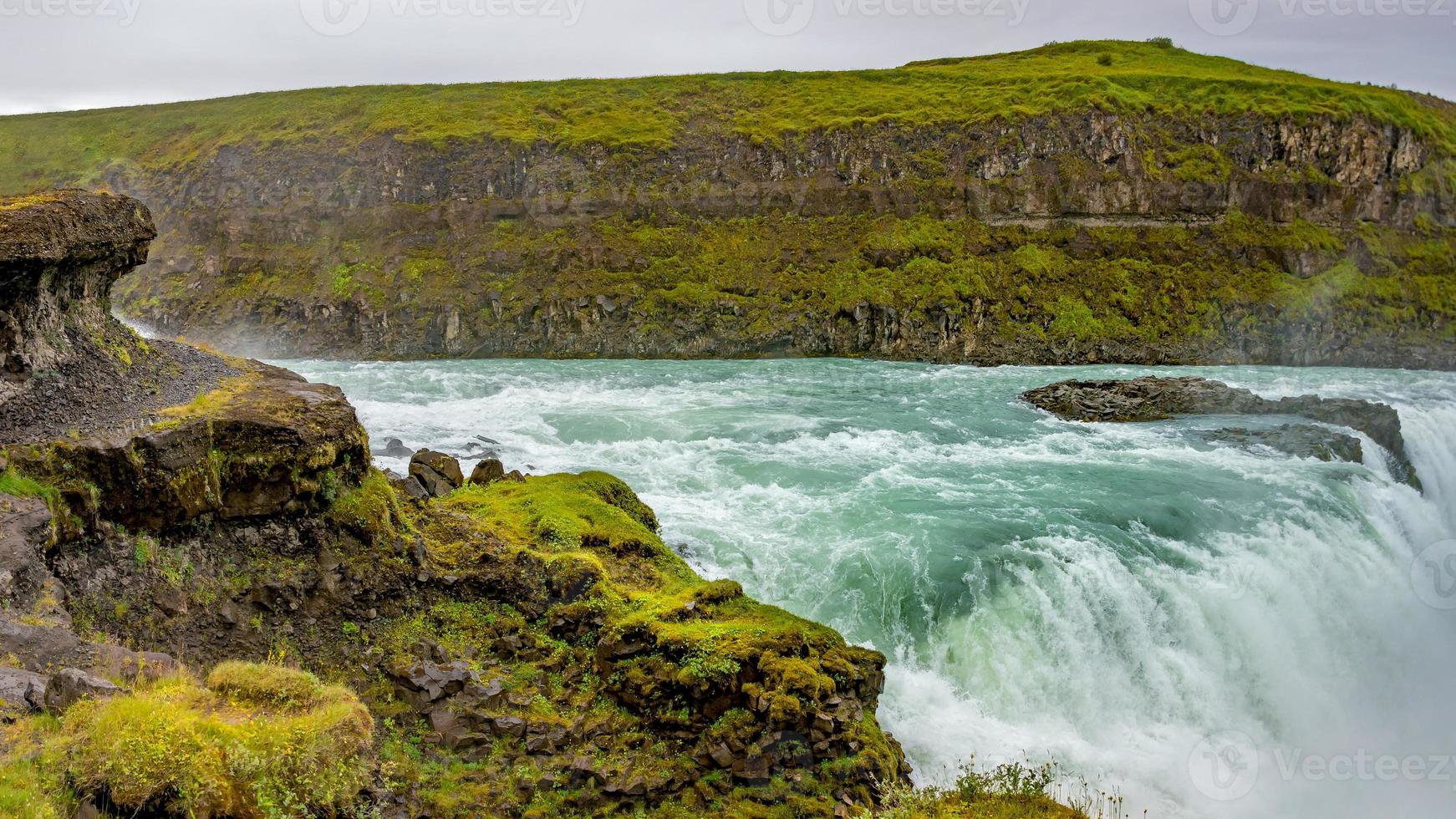 Panoramic view over waterfall wonder Gullfoss in South Iceland, Golden Circle, at summer with dramatic sky. photo