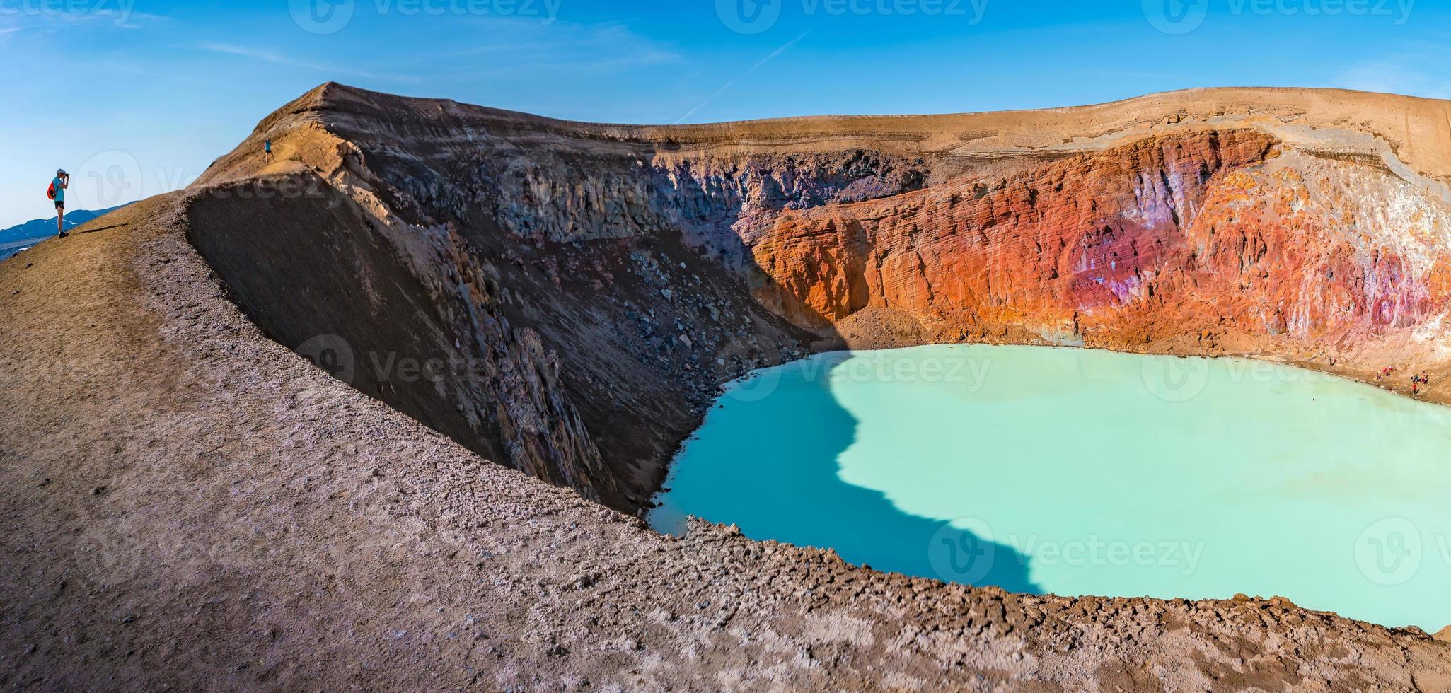 Panoramic view over Icelandic landscape of colorful volcanic caldera Askja, Viti crater lake in the middle of volcanic desert in Highlands, with red, turquoise volcano soil and hiking trail, Iceland photo