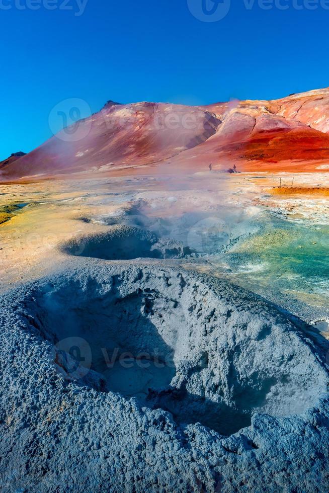 Geothermal active zone Hverir near Myvatn lake in Iceland, resembling Martian red planet landscape, at summer and blue sky photo