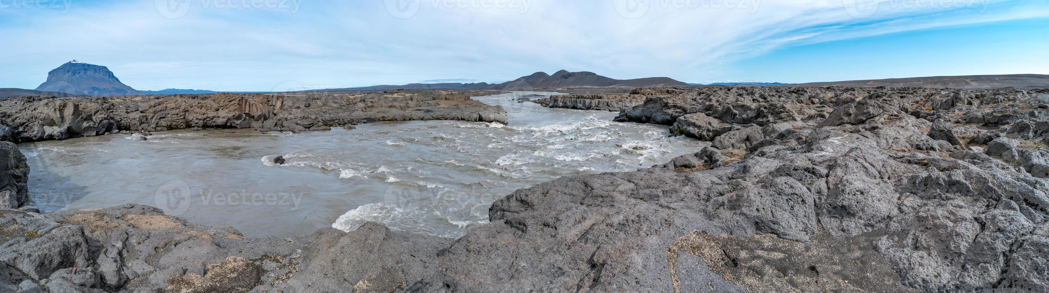 Panoramic view over Icelandic landscape of the deadliest volcanic desert in Highlands, near Askja, and glacial wild river, Iceland, summer, with blue sky. photo